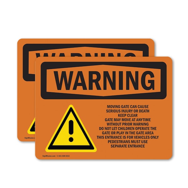 Signmission Moving Gate Can Cause Serious Injury, 7 in W x Rectangle, Vinyl Decal OS-2PACK-WS-D-57-L-12686 - main